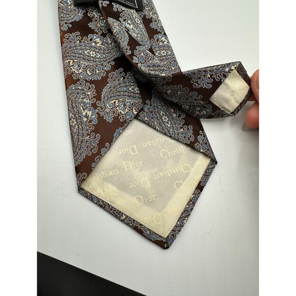 Vintage Christian Dior Silk Tie Floral Paisley Print Brown Ivory Office Designer - Picture 6 of 6